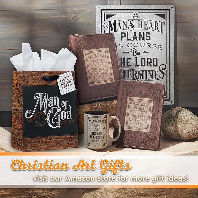 Christian Art Gifts Medium Portrait Scripture Gift Bag, Tag & Wrapping Tissue Paper Set for Men: Man of God, Matted, Satin Handles, Black/Brown/Silver