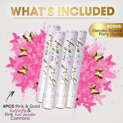 PrimePure Gender Reveal Confetti Cannon - Butterfly Confetti Popper & Biodegradable Powder Cannon - Pink, 4 Pack - Baby Girl Gender Reveal Smoke Bombs Baby Powder Pink Paper Party Poppers
