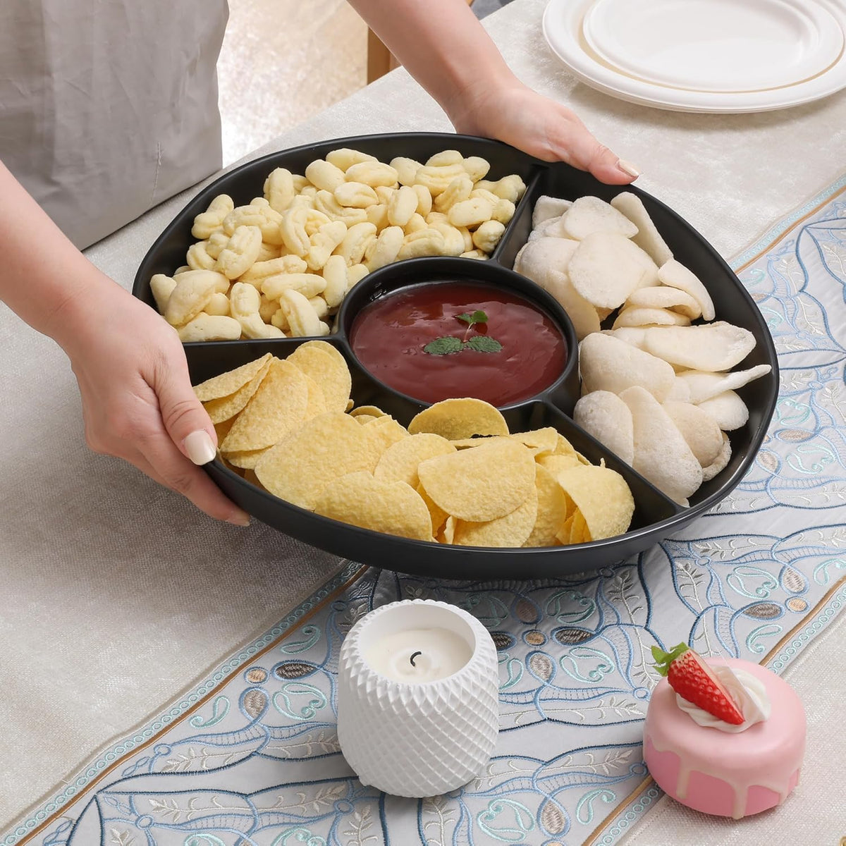 Chip & Dip Serving Tray Set, 4 Sectional Round Melamine Serving Platter, Relish Tray, Round Compartment Appetizer platter for Veggies