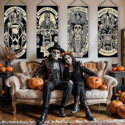 KatchOn, Scary Halloween wall decorations - Pack of 4 | Grim Reaper Stretching Portraits For Halloween Decoration | Vintage Vinyl Hanging Portraits for Haunted House Decoration for Outdoor Indoor Home