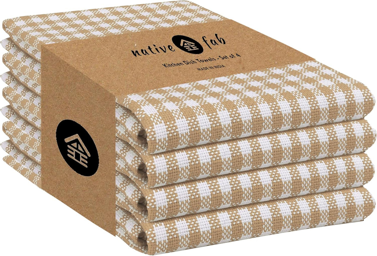 Native Fab Beige Gingham Kitchen Dish Towels 4 Pack 16"x26" - 100% Cotton Absorbent Plaid Tea Towels, Dish Cloths for Quick Drying