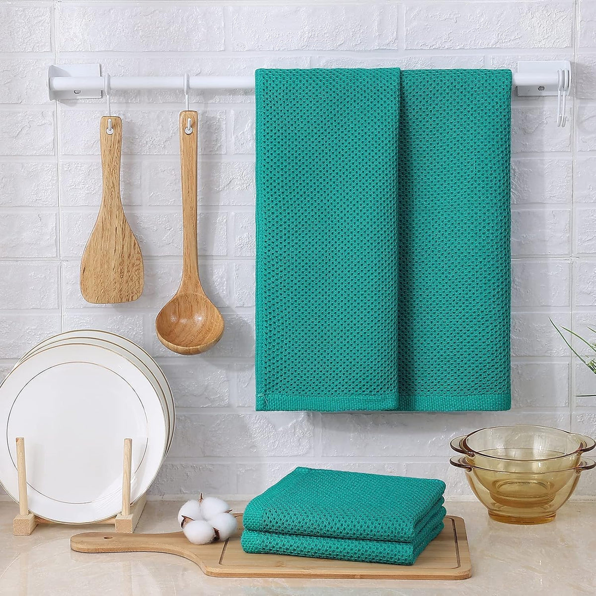 Kitinjoy 100% Cotton Waffle Weave Kitchen Towels, 8-Pack Super Soft and Absorbent Dish Towels for Drying Dishes, Kitchen Hand Towels, 13 in x 28 in, Teal