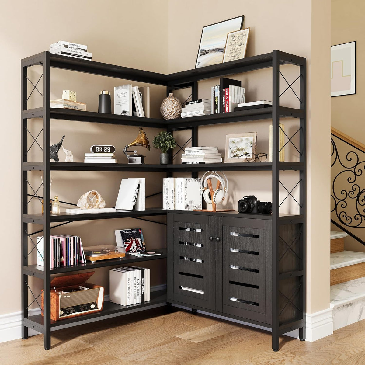 6-Shelf Corner Bookshelf, Vintage Industrial Corner Shelf Etagere Bookcase, Large Book Shelf with Metal Frame Open Storage Corner Cabinet (Black-Lockers, Large)