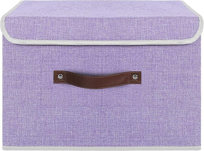 ANMINY 2PCS Storage Bin with Lid Storage Boxes with PU Leather Handles PP Plastic Board Decorative Foldable Lidded Cotton Linen Fabric Home Cubes Baskets Closet Organizer Container - Purple, Medium