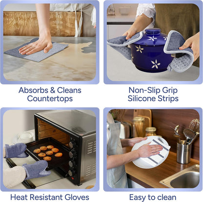 Casa Platino Mini Oven Mitts Set, 8-Piece – 500°F Heat Resistant Silicone Oven Mitts, Potholders for Kitchens, 2 Kitchen Towels & 2 Dish Cloths