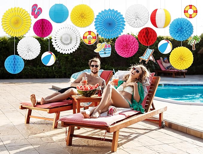 22pcs Summer Pool Party Decorations – Hanging Paper Fans, Beach Ball Lanterns, Pom Poms, Honeycomb for Hawaiian Luau Theme Birthday, Classroom, Outdoor Indoor Decor