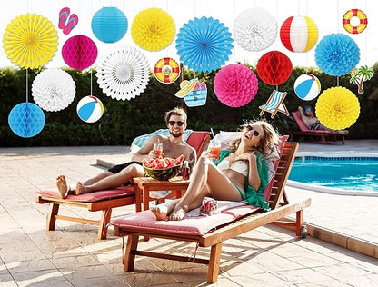 22pcs Summer Pool Party Decorations – Hanging Paper Fans, Beach Ball Lanterns, Pom Poms, Honeycomb for Hawaiian Luau Theme Birthday, Classroom, Outdoor Indoor Decor