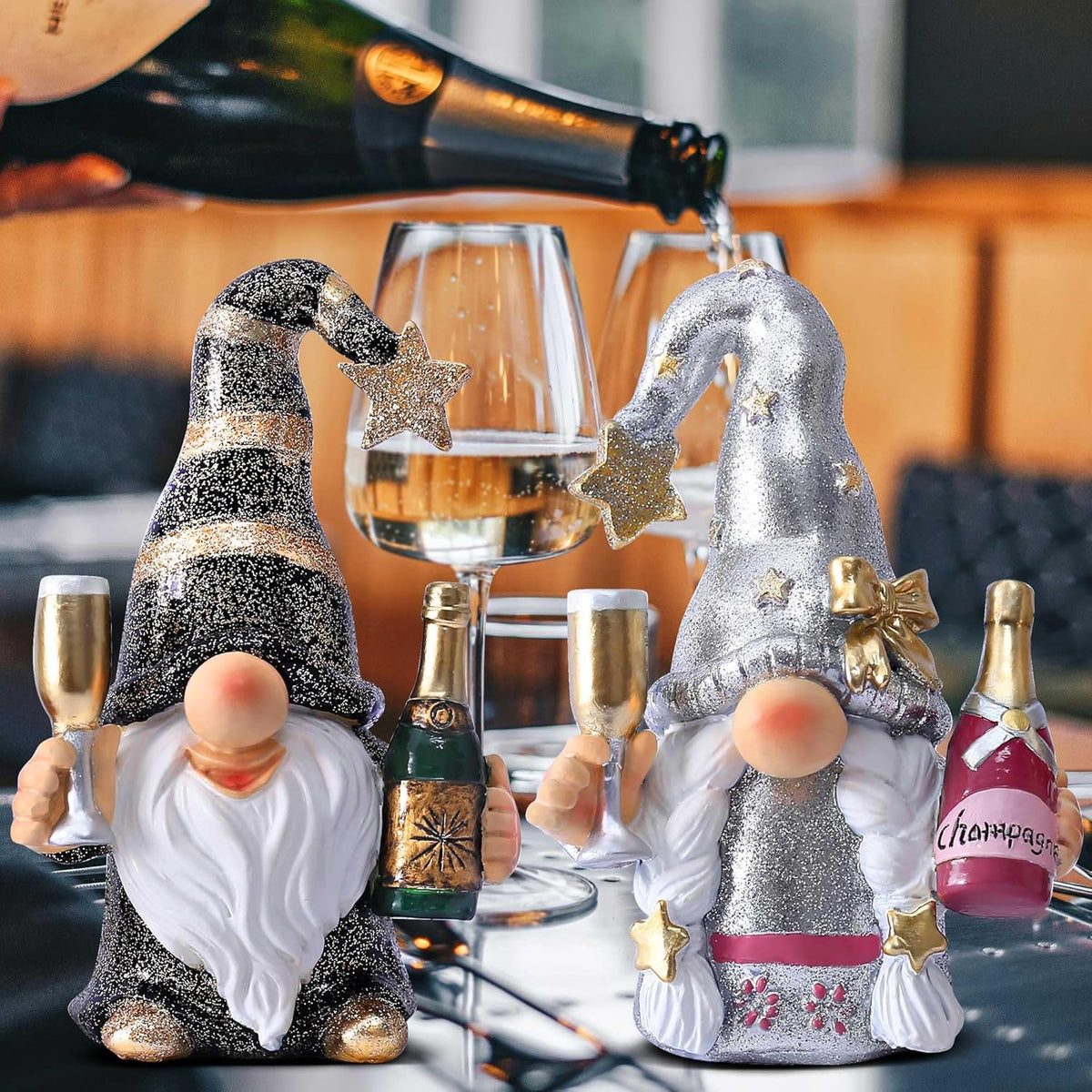 Champagne Gnomes Christmas Decorations for Home Party Gnomes Figurines Wine Bar Decor Gnomes Gifts for Women Champagne Birthday Wedding Party
