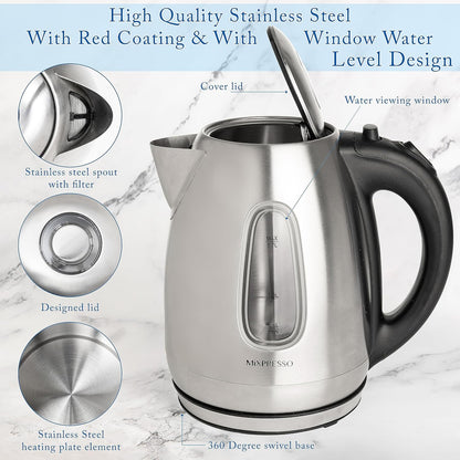 Mixpresso Stainless Steel Electric Kettle, Cordless Pot 1.7L Portable Electric Hot Water Kettle, 1500w Strong Fast Boiling Pot, Water Boiler