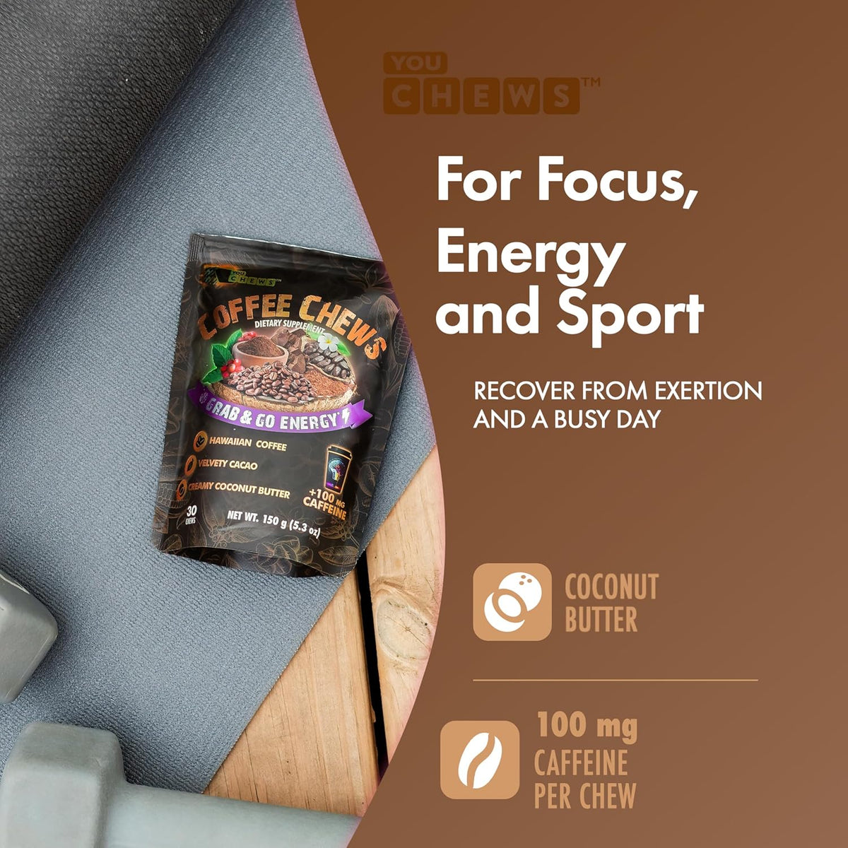 YouChews Coffee Chews - Grab & Go Energy with 100mg per Chew of Clean, Green Caffeine. With Real Organic Ingredients, Low Sugar
