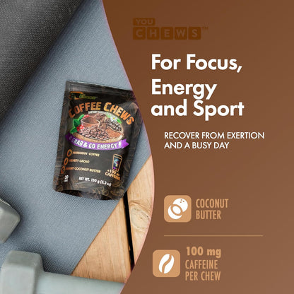 YouChews Coffee Chews - Grab & Go Energy with 100mg per Chew of Clean, Green Caffeine. With Real Organic Ingredients, Low Sugar