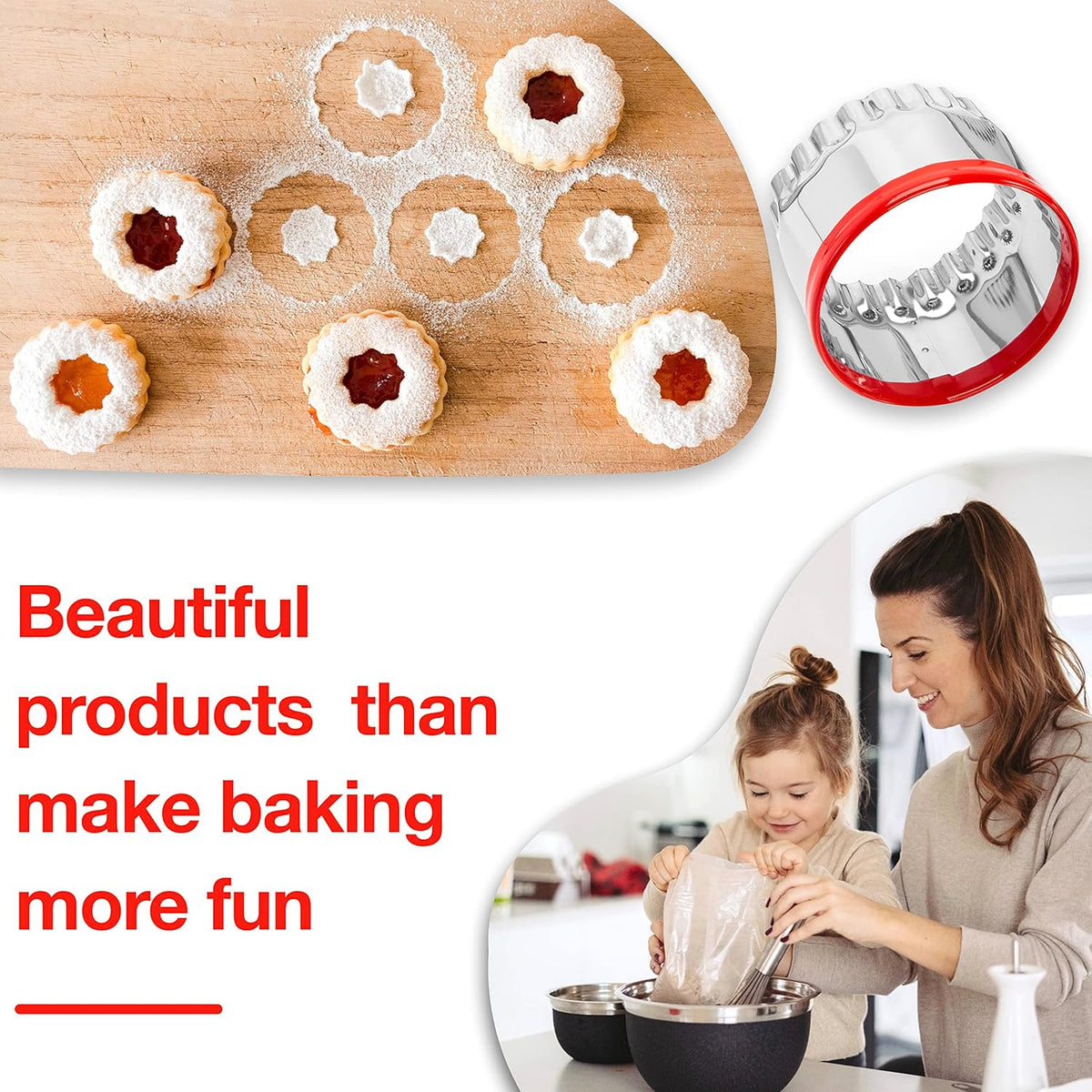3Pcs Large Biscuit Cutter 3", 4", 5", Fluted Round Cookie Cutters for Baking, Sandwiches Cutter, Scone Cutter, Coated with Soft PVC for Protection