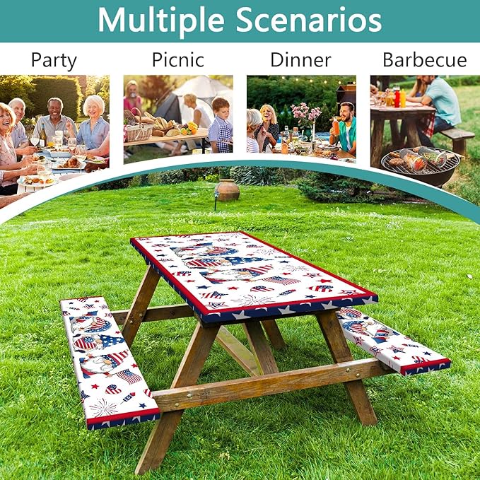 4th of July Picnic Table Cover with Bench Covers, Camping Essentials, Patriotic American Flag Gnomes Stars Table Cover Waterproof Fitted Tablecloth Cover with Elastic Edge for Outdoor 3 PCS 30x96 Inch