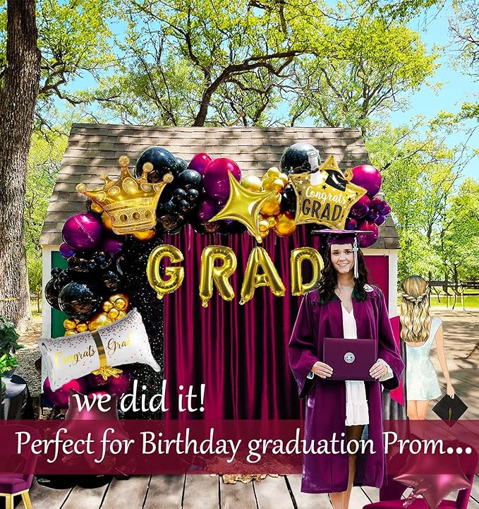 Elegant Burgundy Black Gold Graduation Balloon Garland Kit with foil graduation caps diplomas GRAD letters wine red stars and crowns Balloons for Maroon Class of 2026 Graduates Party Decorations