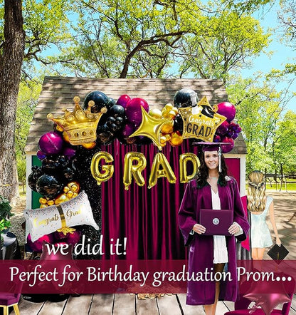 Elegant Burgundy Black Gold Graduation Balloon Garland Kit with foil graduation caps diplomas GRAD letters wine red stars and crowns Balloons for Maroon Class of 2026 Graduates Party Decorations