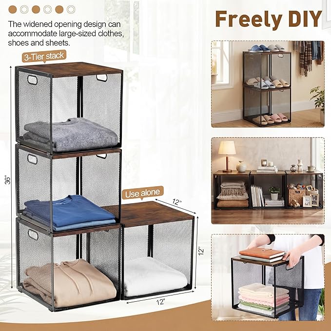 AceOrbit 3 Pcs Widened Stackable Closet Organizers and Storage with Wood Top Foldable Metal Cube Closet Shelf DIY Space Saving Linen Clothes Shoes Bed Sheet Bin for Wardrobe Bedroom Living Room Pantry