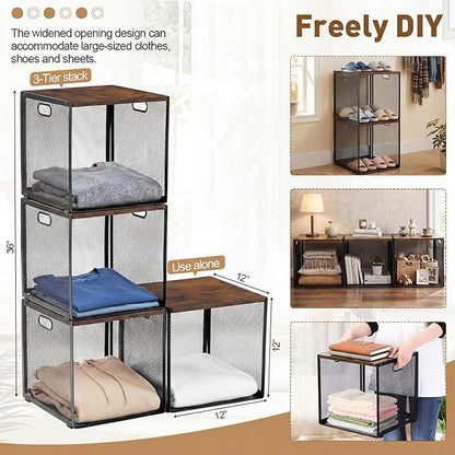 AceOrbit 3 Pcs Widened Stackable Closet Organizers and Storage with Wood Top Foldable Metal Cube Closet Shelf DIY Space Saving Linen Clothes Shoes Bed Sheet Bin for Wardrobe Bedroom Living Room Pantry