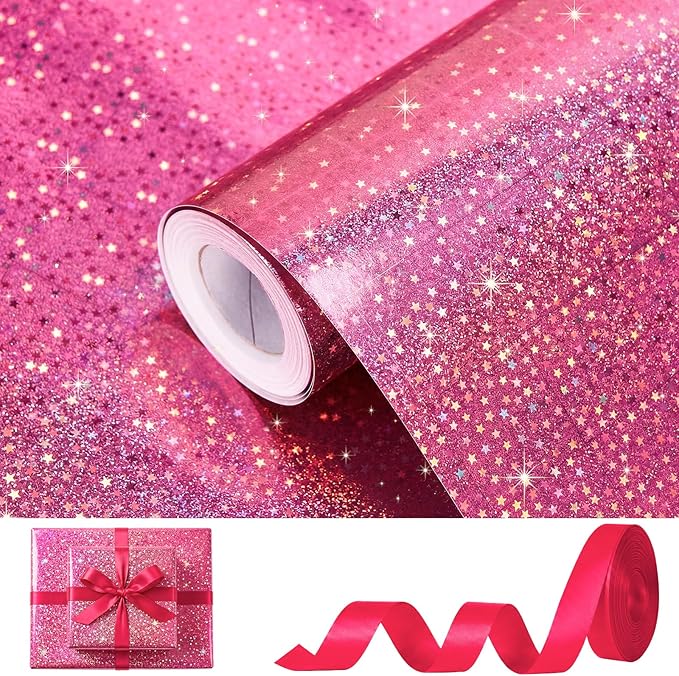 Bafeil Pink Wrapping Paper Roll, Holographic Wrapping Paper Birthday Girl, 80gsm Iridescent Star Gift Wrap Papers for Birthday, Wedding, Baby Shower, Mothers Day, Graduation 17 IN x 32.8 FT