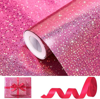 Bafeil Pink Wrapping Paper Roll, Holographic Wrapping Paper Birthday Girl, 80gsm Iridescent Star Gift Wrap Papers for Birthday, Wedding, Baby Shower, Mothers Day, Graduation 17 IN x 32.8 FT