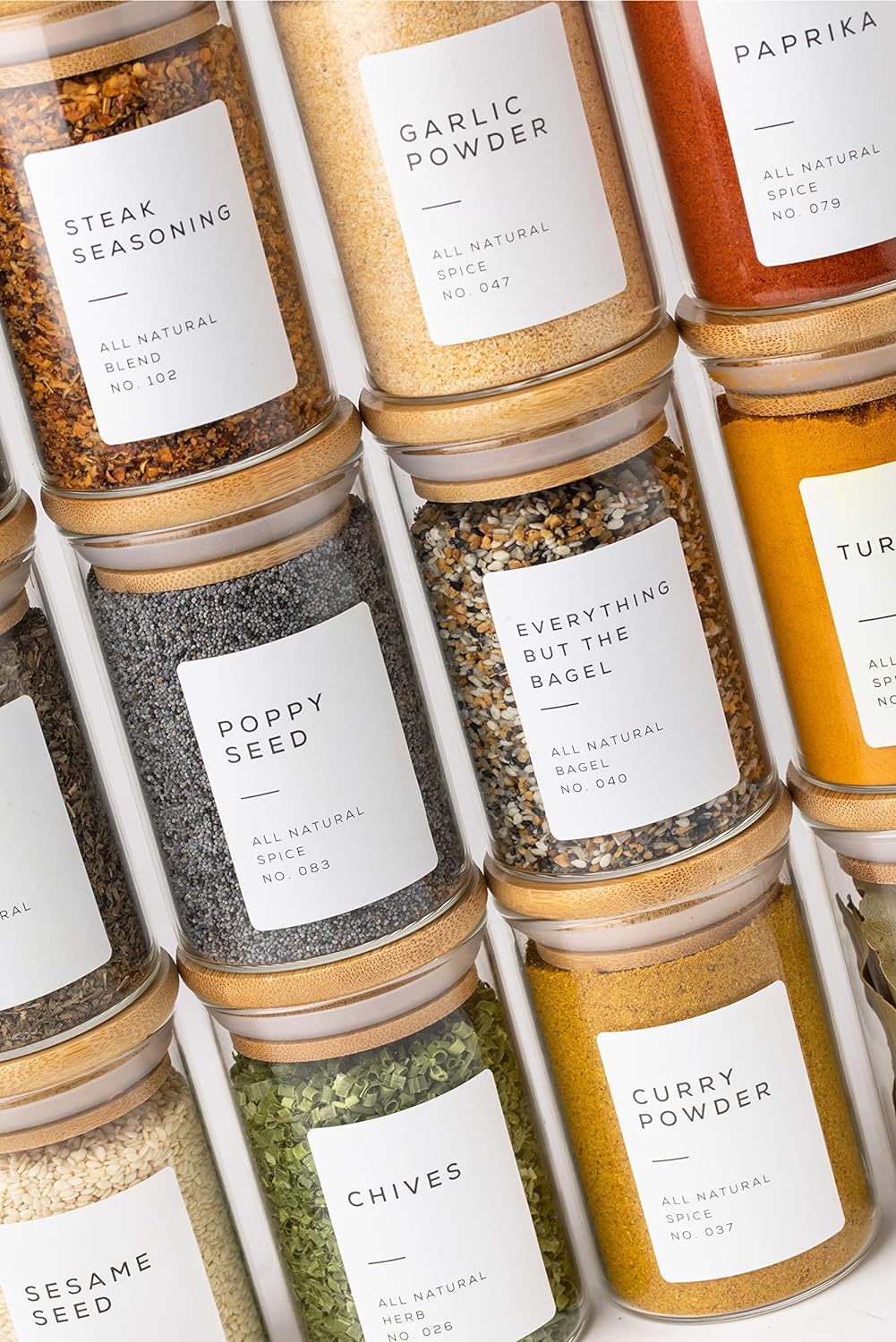 Empty Spice Jars with Label Pack (12x Bamboo Lid Glass Jar). Small 6oz Spice Storage Bottles with 112 Printed Stickers and 48 Writable Pantry Labels