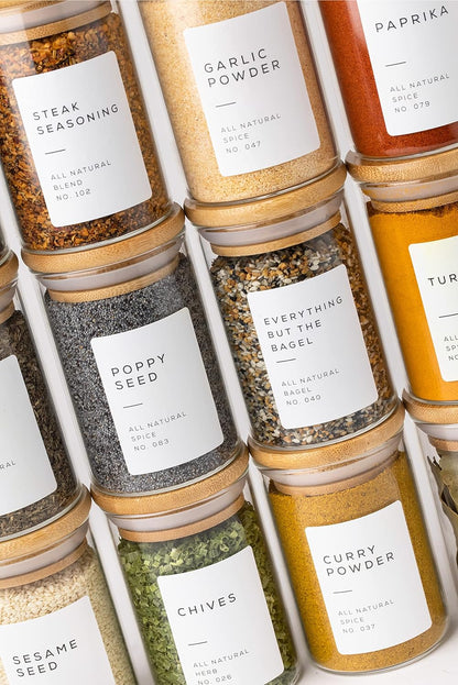 Empty Spice Jars with Label Pack (12x Bamboo Lid Glass Jar). Small 6oz Spice Storage Bottles with 112 Printed Stickers and 48 Writable Pantry Labels