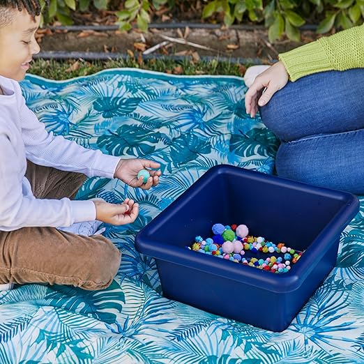 ECR4Kids Stackable Square Bins with Non-Snap Lids, Multipurpose Organization, Navy, 2-Pack