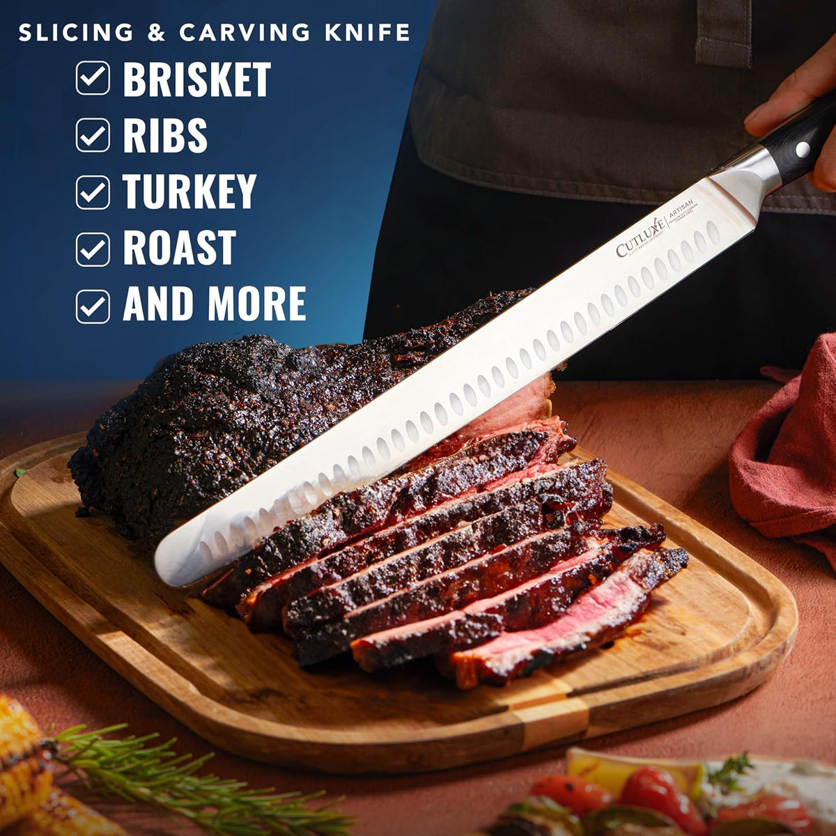 Cutluxe Slicing Carving Knife – 12" Brisket Knife, Meat Cutting and BBQ Knife – Razor Sharp German Steel, Sheath Included, Full Tang