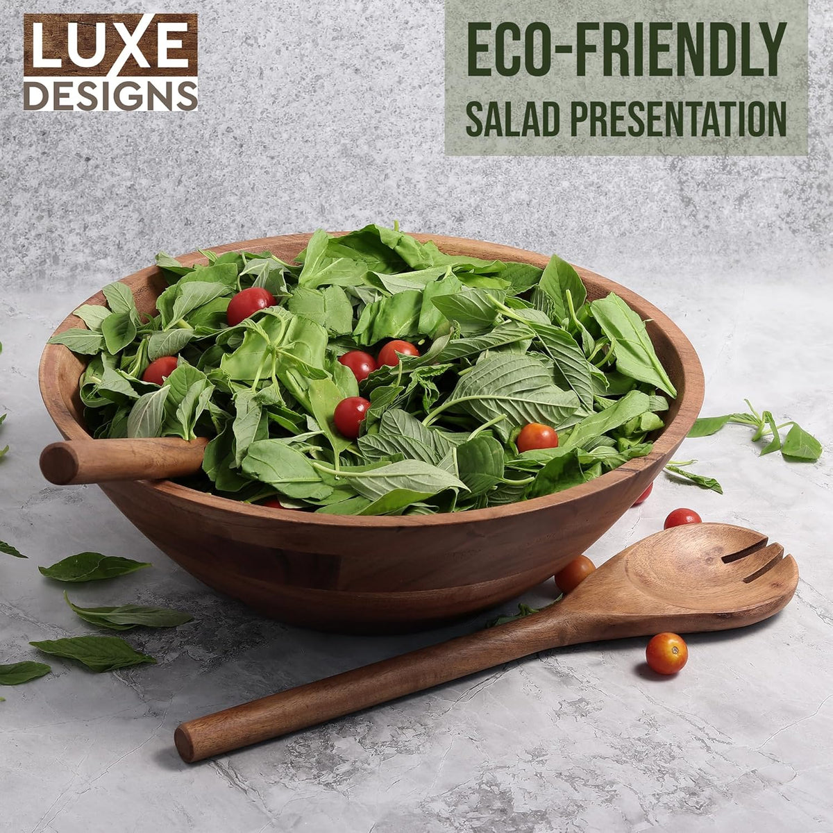 Luxe Designs Wooden Salad Bowl Set - Food Safe & Sustainable Decorative Bowl - Wood Bowl for Fruits, & Salads