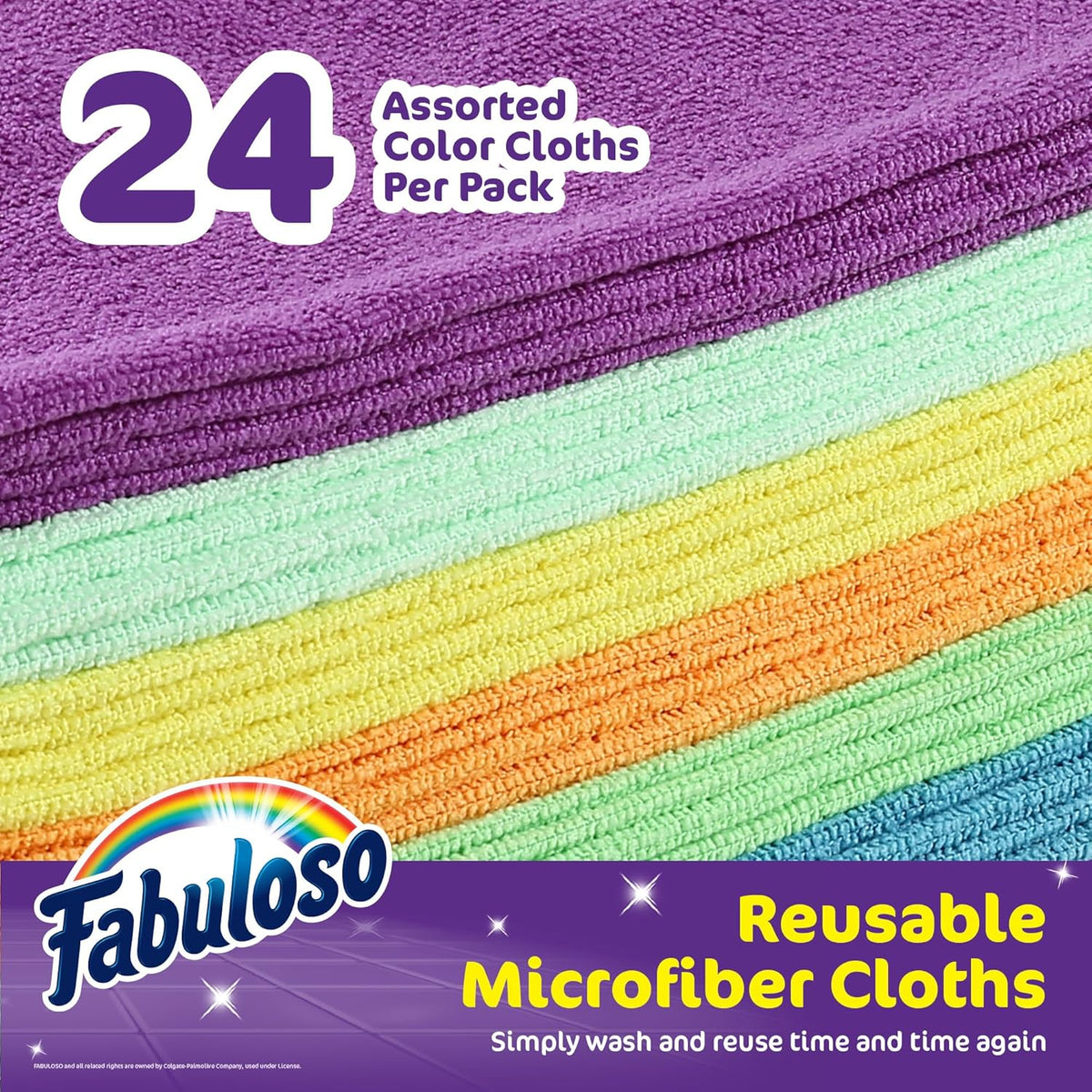 Fabuloso Microfiber Cleaning Cloths, Rainbow - Lint-Free, Scratch-Free Cleaning Cloths for Surfaces and Wood Furniture - Dustless Cloth for Bold and Bright Cleaning Experience, 24 Count