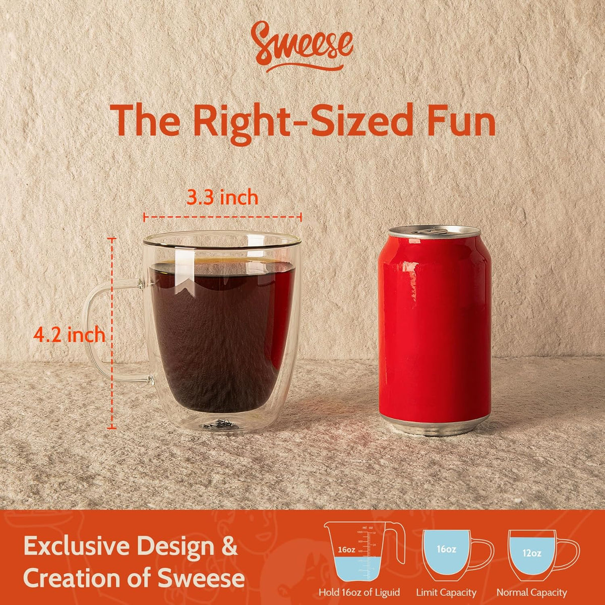 Sweese 12.5oz Borosilicate Glass Coffee Mugs Set of 4 - Double Walled, Clear Cups for Espresso, Latte, Tea