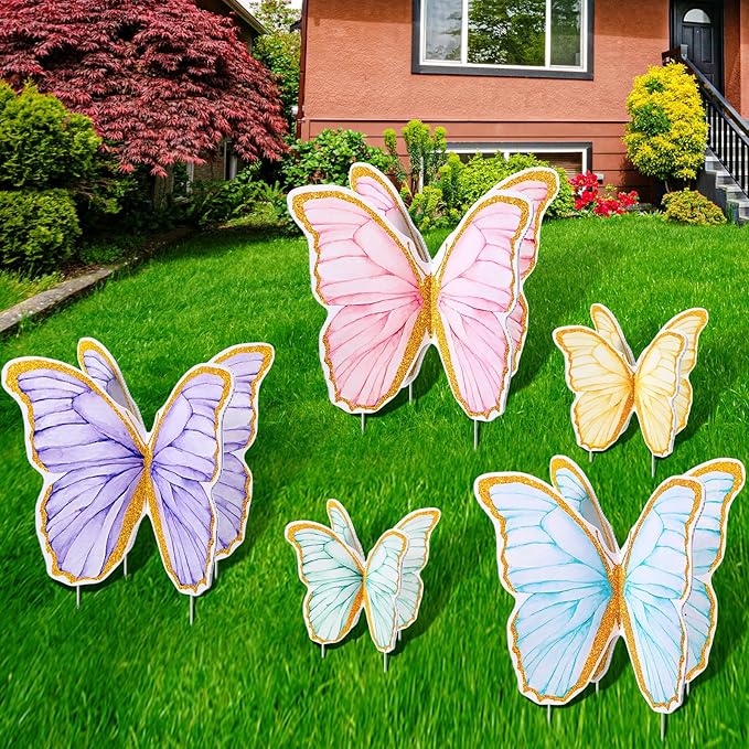 5 Pcs Giant Butterfly Garden Stakes Decorations, 3D Glitter Butterfly Yard Signs Spring Lawn Outdoor Decorative for Purple Tea Party Graduation Fairy Birthday Wedding Baby Shower Patio Decor