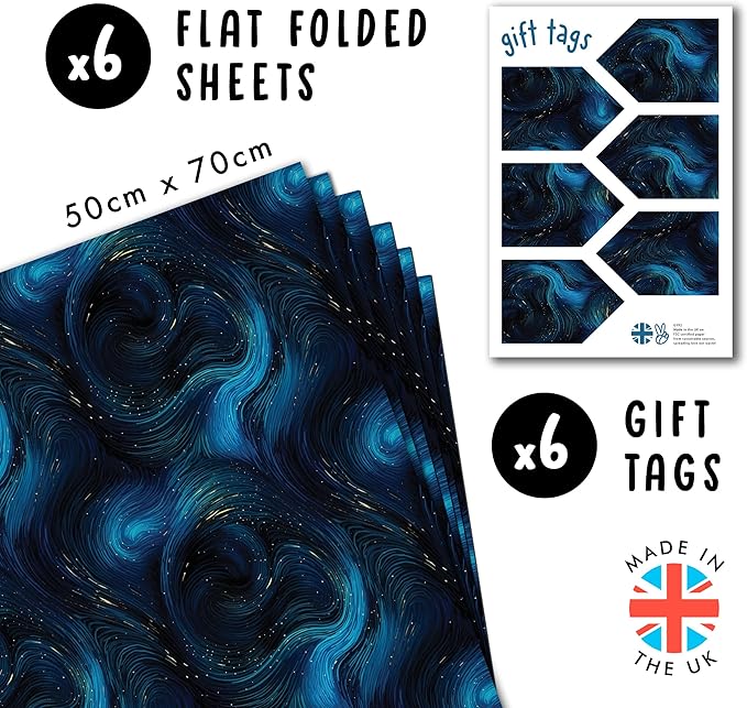 CENTRAL 23 Blue And Black Wrapping Paper - 6 Sheets Of Gift Wrap With Tags - Stormy Sky And Waves - Gift Wrapping Paper For Men Women Kids - Comes With Stickers