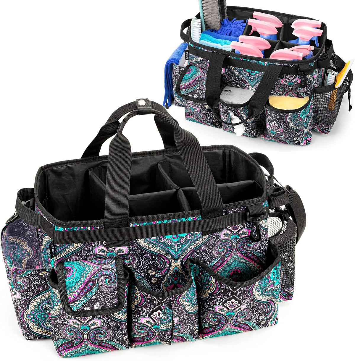 LoDrid Large Wearable Cleaning Caddy Bag with Detachable Divider, Cleaning Supply Tote Organizer with Handles and Adjustable Shoulder Strap for Cleaners & Housekeepers, Totem