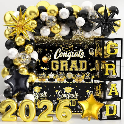 Graduation Decorations Class of 2026 Congrats Grad 2026 Party Supplies Include Backdrop Tablecloth Balloon Boxes with Letters Honeycomb Centerpieces Balloon Arch Kit Foil Balloons (Black and Gold)