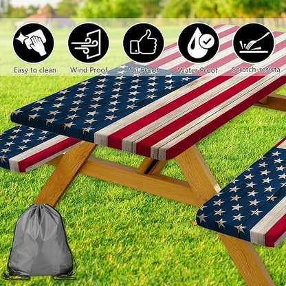 American Flag Picnic Table Cover with Bench Covers, Waterproof Windproof Oilproof, Camping Essentials, Fitted Tablecloth Cover with Elastic Edge, for Indoor & Outdoor, Garden, 3 Pieces Set, 30x72 Inch