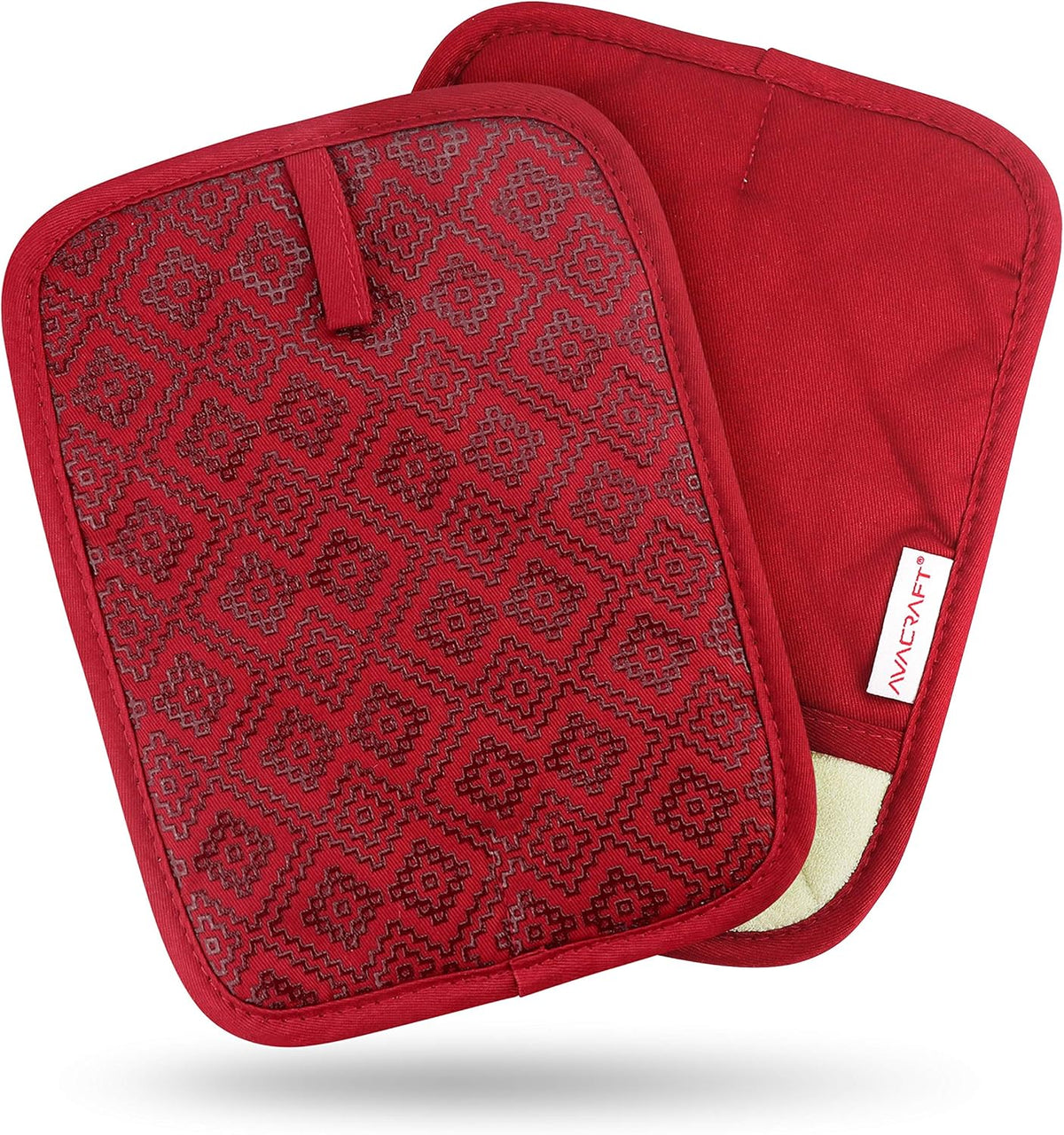 Avacraft Red Pot Holders Set, Flexible, 100% Cotton with Non-Slip Heat Resistant Silicone Design, Thick Terry Cloth Interior, Hot Pads