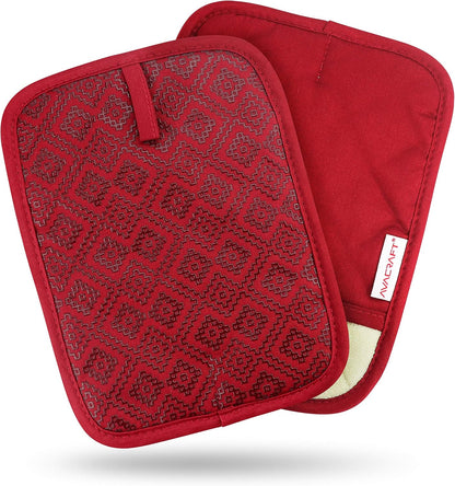 Avacraft Red Pot Holders Set, Flexible, 100% Cotton with Non-Slip Heat Resistant Silicone Design, Thick Terry Cloth Interior, Hot Pads