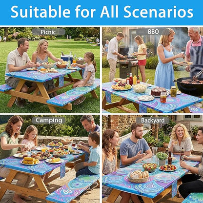 Picnic Table Cover with Bench Covers Non Slip Waterproof Vinyl Tablecloth for 8 Foot Rectangle Tables Gardening Needs Camping Rv Roadtrip Items for Tent Camper Gift for Teen Woman Man