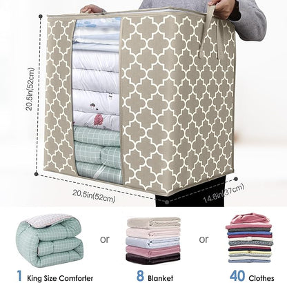 WISELIFE Storage Bags 3 Pack/100L Large Blanket Clothes Organization and Storage Containers for Comforters,Bedding, Foldable Organizer with Reinforced Handle, Clear Window, Sturdy Zippers,Beige