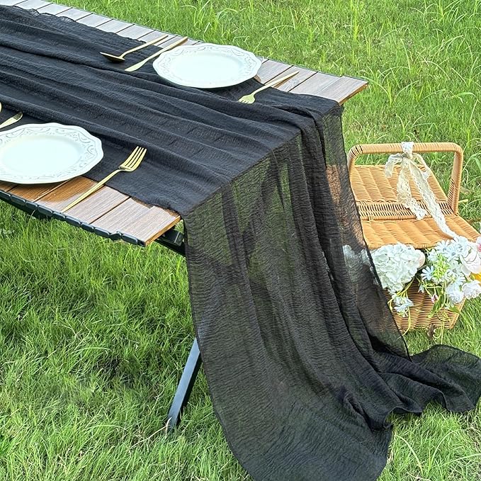 FEXIA 3 Pack Black Cheesecloth Table Runner 30x118 Inches Rustic Boho Gauze for Wedding Baby Shower Bridal Shower First Communion and Home Decorations