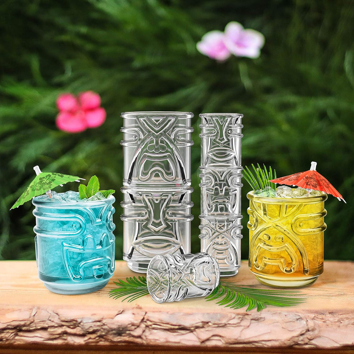 Final Touch Tiki Glasses Set of 4 - Kanaloa, Lono, Kū, Kāne Designs, 12 oz (355 ml), Clear, Stackable Totem Pole Storage