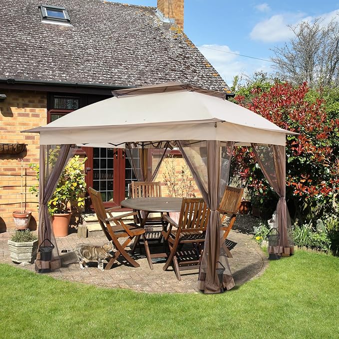 COOS BAY 11x11 Pop Up Gazebo with Mesh Netting, Instant Outdoor Canopy Tent, Water Resistant Shelter with UPF 50+ UV Protection, 121 Sq Ft Coverage, Beige