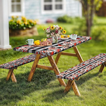 Valentine's Day Picnic Table Cover with Bench Covers, Camping Essentials, Valentines Decor Waterproof Windproof, Fitted Tablecloth Cover with Elastic Edge, Outdoor Table Covers, 3 PCS, 30x60 Inch