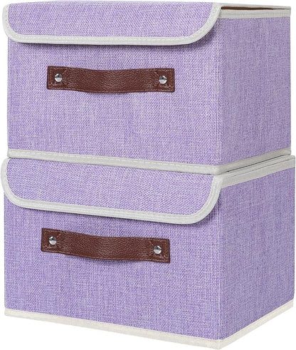 ANMINY 2PCS Storage Bins with Lid PU Leather Handles Storage Boxes PP Plastic Board Decorative Foldable Lidded Cotton Linen Fabric Home Cubes Baskets Closet Organizer Containers - Purple, Small Size