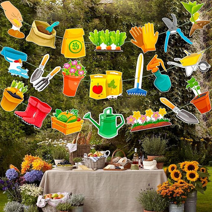 3Pcs Gardening Tool Banners Garden Birthday Party Decorations Garden Tool Theme Banner Garlands Hanging Decorations for Spring Theme Birthday Party Baby Shower Supplies