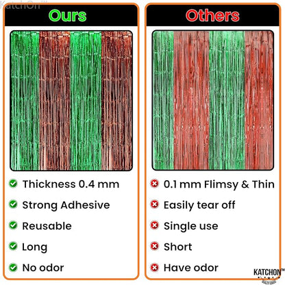 KatchOn, XtraLarge Green and Brown Backdrop - 3.25x 8 Feet, Pack of 4 | Green and Brown Fringe Backdrop Curtains for Football Party Decorations | Foil Fringe Curtains for Dinosaur Birthday Decor