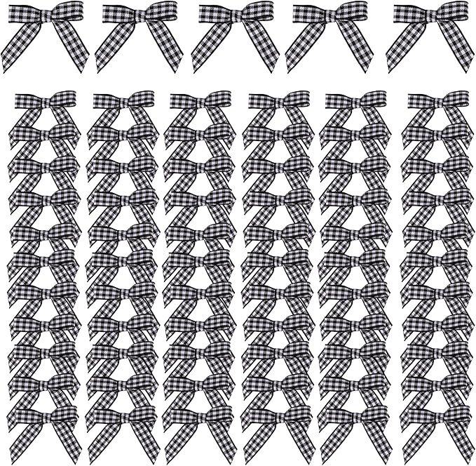 Meseey 100 Pcs 1.5 Inches Pretied Premade Craft Bows with Twist Tie Self Adhesive Satin Ribbon Bows for Treat Bags Gift Wrapping Basket Wedding Baby Shower Brithday Party (Black and White Plaid)