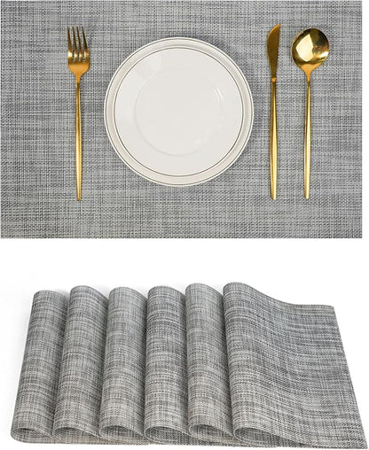 Placemats Set of 6，Non-Slip PVC Weave Table Mats Easy to Clean，Heat Resistant Place Mats for Kitchen Dining Table Decoration Indoor Outdoor，Gray