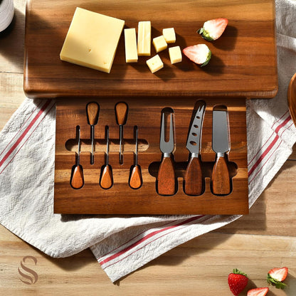 Shanik Large Acacia Wood Charcuterie Board Set with 3 Removable Ceramic Bowls & Serving Utensils - Housewarming, Wedding, Bridal Shower