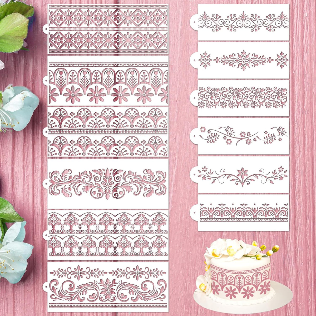 Cake Stencils Decorating for Baking - 12 Pcs Reusable Floral Border Stencils, Mexican Art Flower Lace Stencil, Buttercream Templates for Painting on Wood Crafts